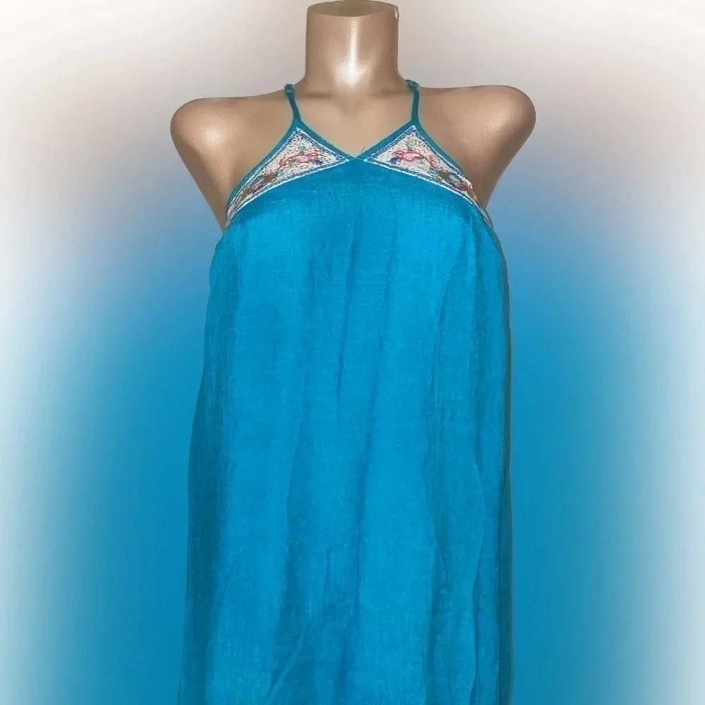 Flying tomato women’s dress maxi Large haute hippie boho blue embroider design